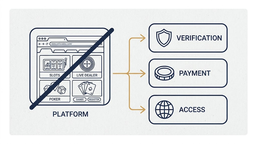 Flow diagram of a blocked casino platform splitting into licensed, promotional-play and offshore routes