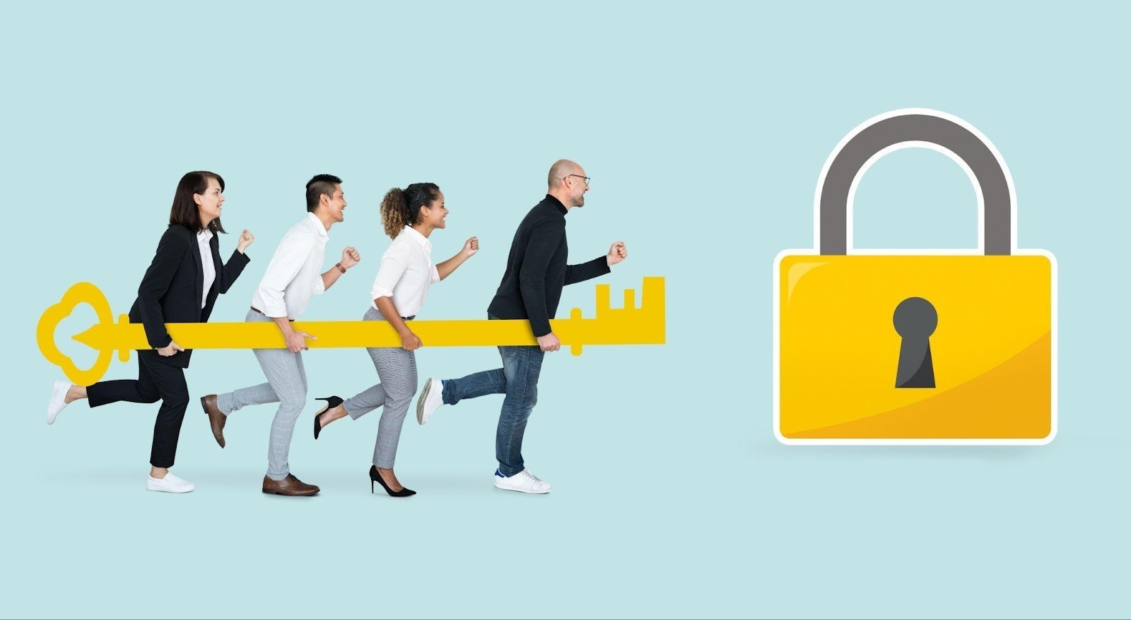 Four people carrying a giant yellow key towards a large yellow padlock on a blue background.