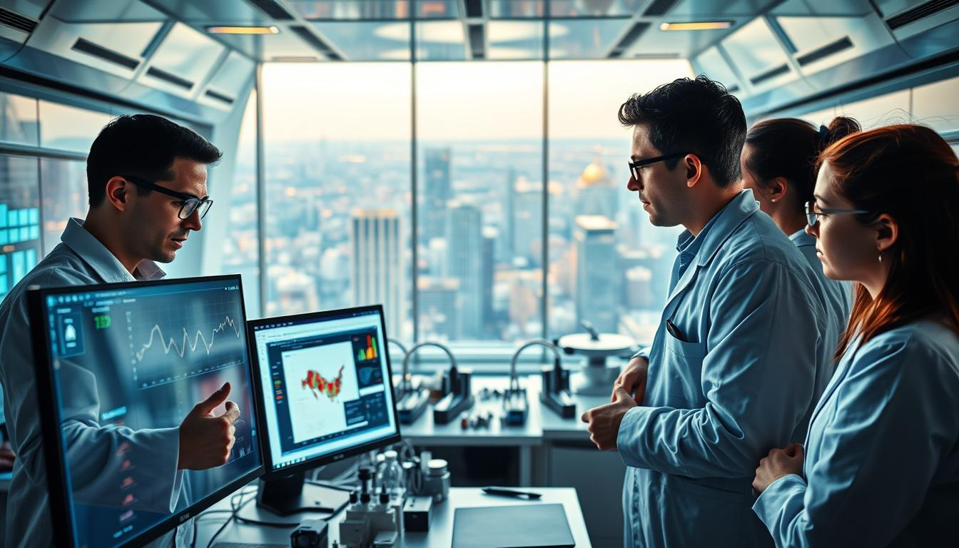 Four people in lab coats are looking at a computer monitor showing a graph, with a city skyline visible through a window.