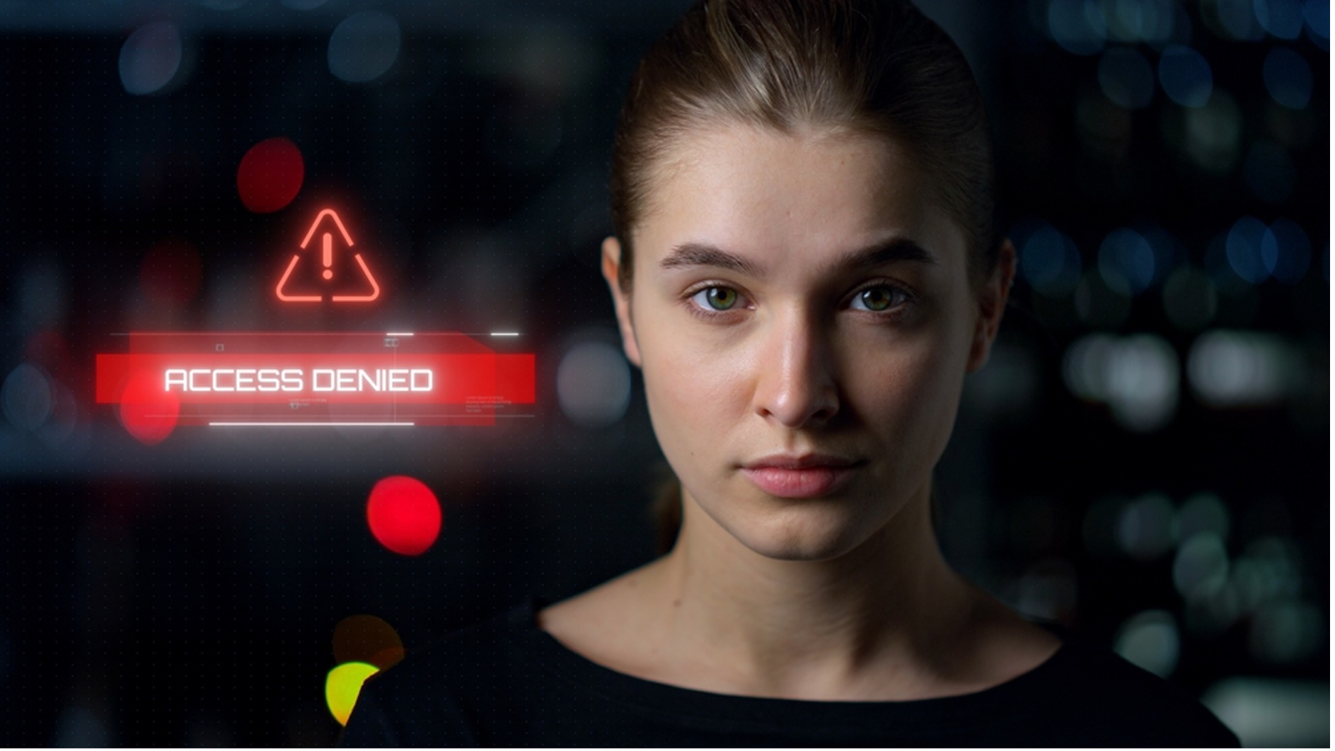 Photo close up of woman's face with Access Denied showing next to it