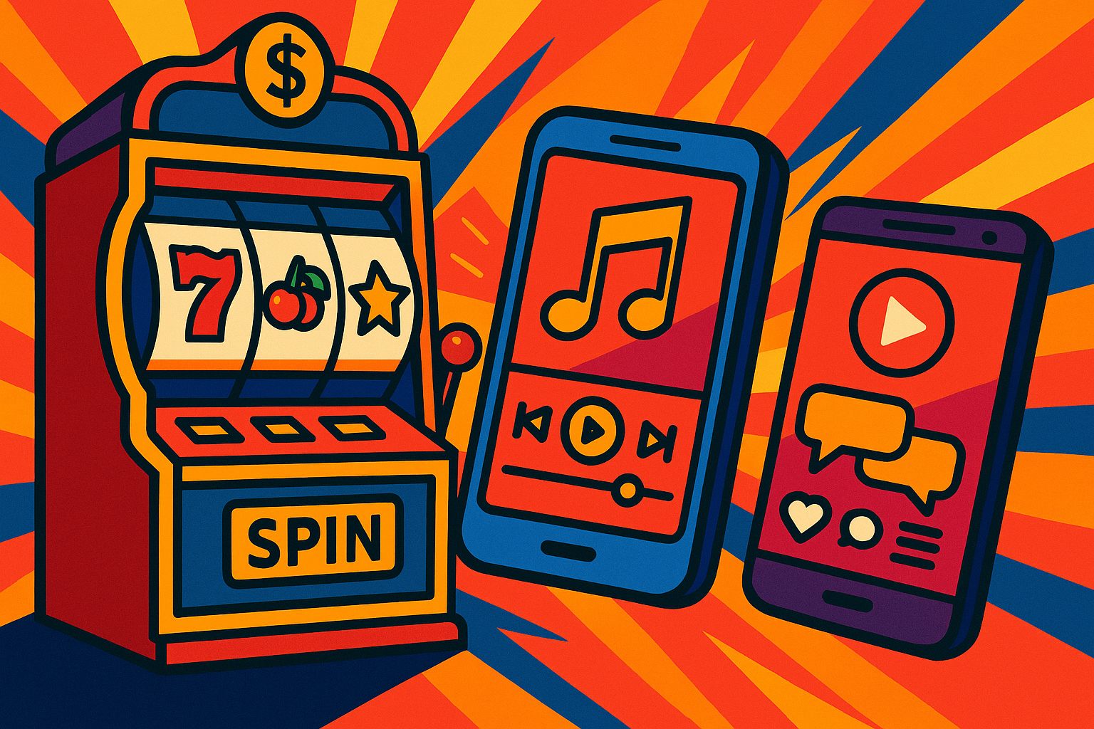 Colorful illustration of a slot machine and two smartphones with media and social icons, set against a vibrant orange-yellow background.