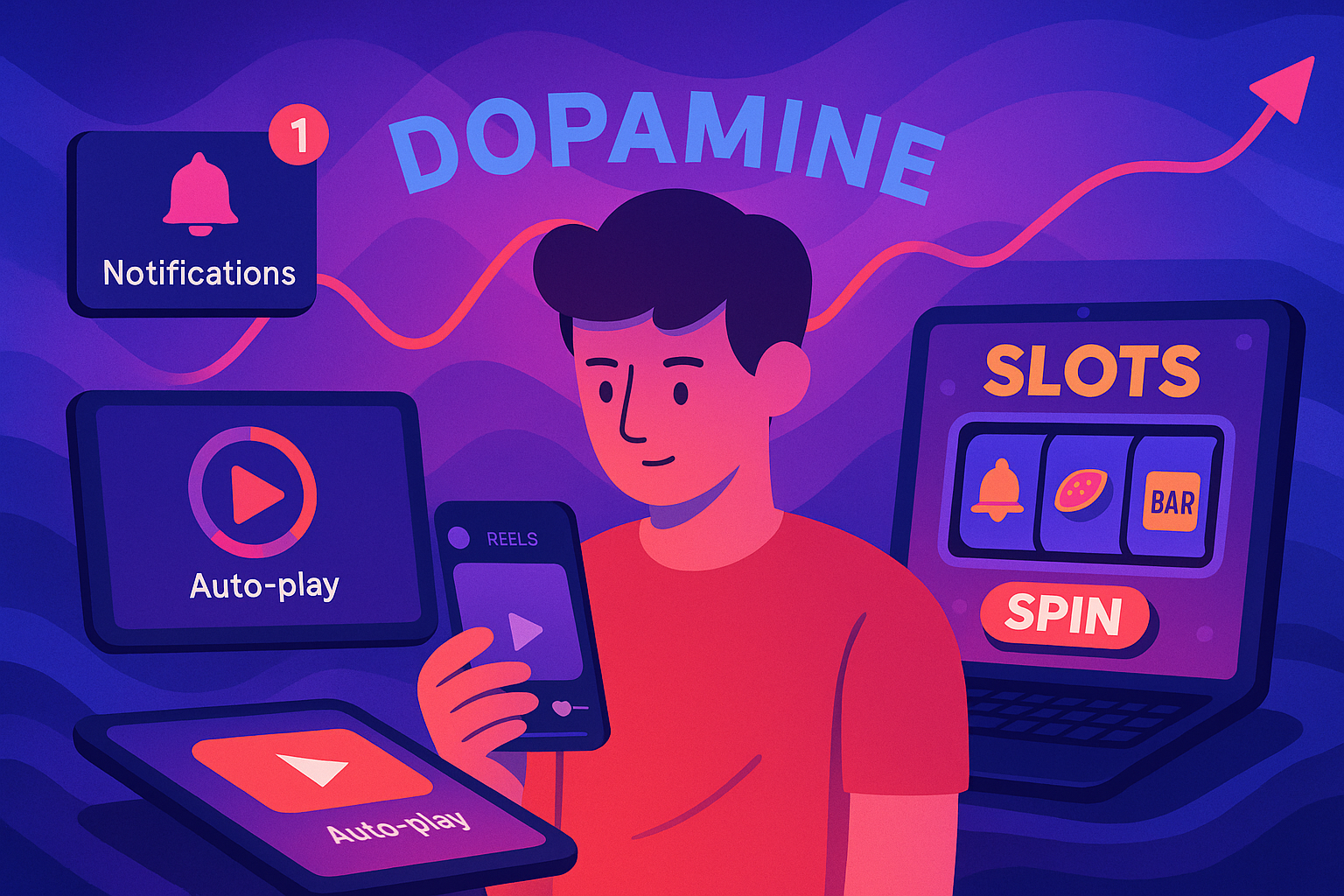 Illustration of a person overwhelmed by digital devices and notifications, with “DOPAMINE” above, highlighting tech-driven addiction.