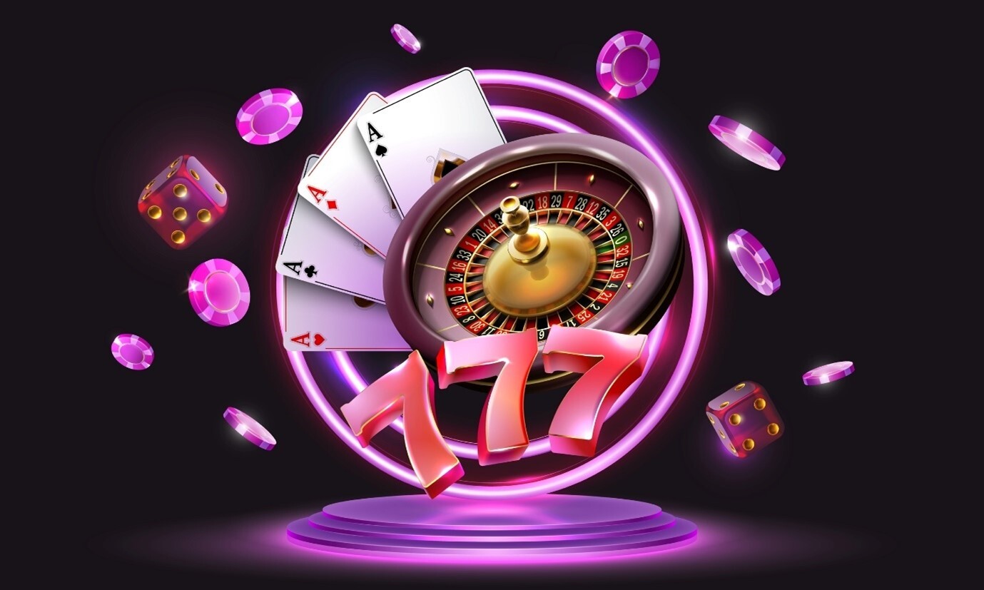 Gambling vector design with neon lights,poker cards, dices, roulette wheel and playing chips. Winning combination numbers of lucky three sevens jackpot. 