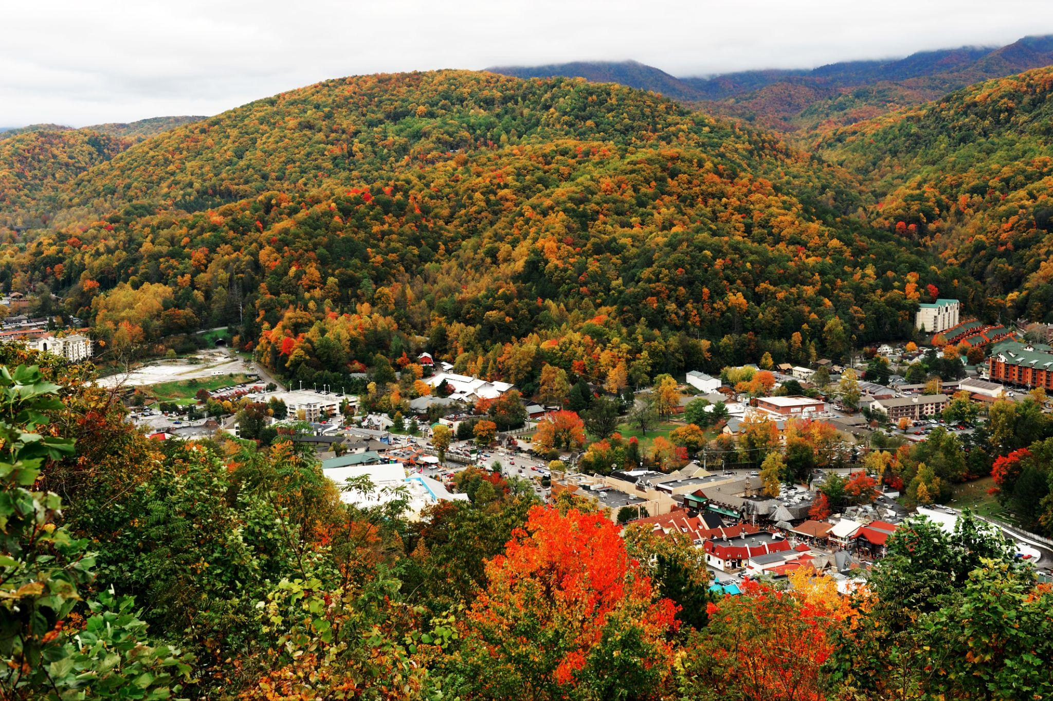 Gatlinburg and valley of smoky mountain in autumn