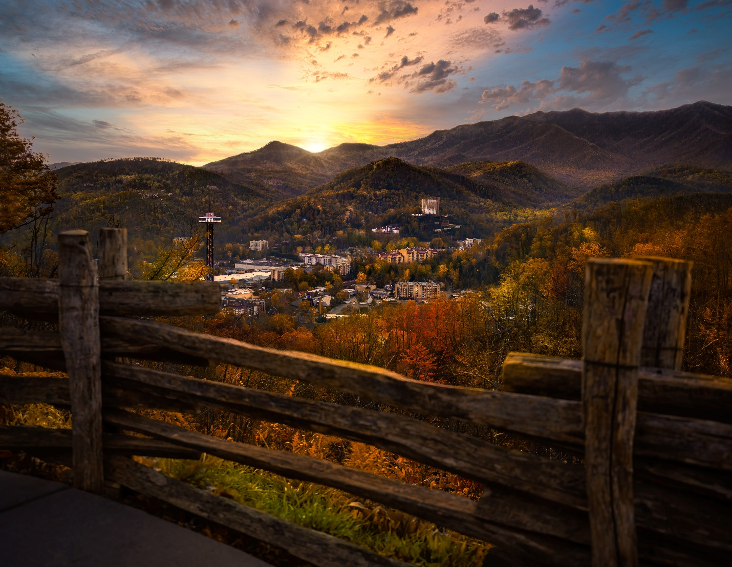 Gatlinburg overlook during brilliant sunset