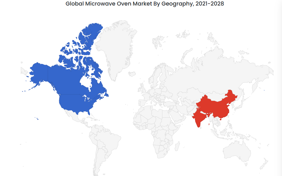 Map showing the global microwave oven market by geography (2021–2028), highlighting North America in blue and Asia in red.