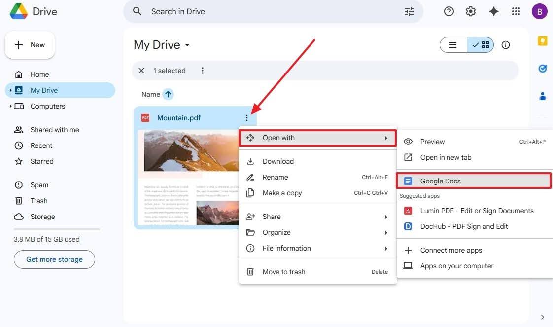 Step 1. From Google Drive, right-click the three “Vertical” dots on your PDF, expand “Open With,” and press “Google Docs.”