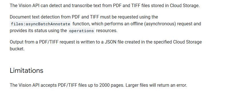 Google's own documentation for PDF and TIFF text detection, under the heading Limitations.