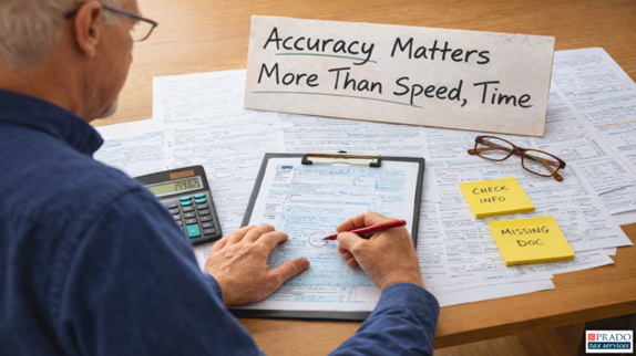 Hands reviewing a tax form on a desk with a calculator, documents, and a sign reading &lsquo;Accuracy Matters More Than Speed&rsquo;, photographed from the left angle.