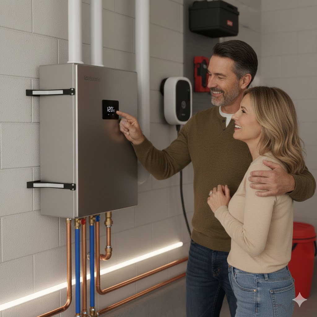 Happy homeowner adjusting the digital temperature controller]