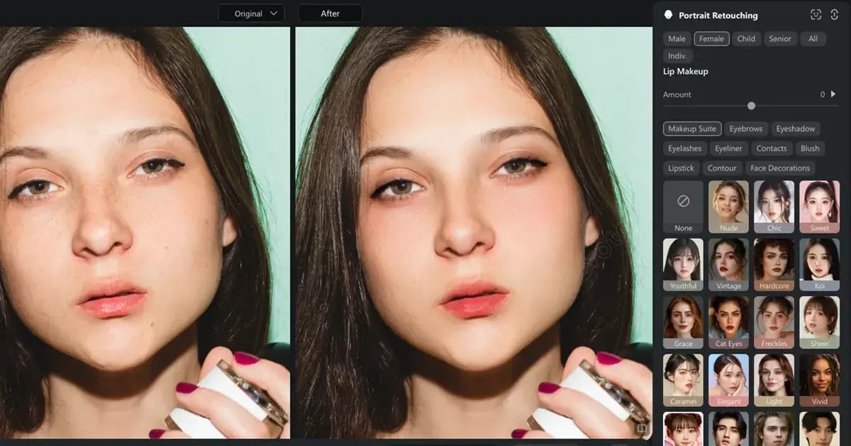 Side-by-side comparison of a woman's face before and after portrait retouching, with editing options like makeup and facial enhancements shown on the right.