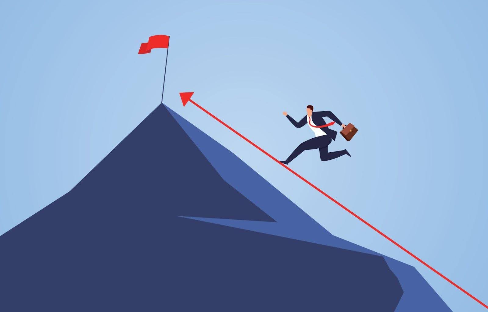 Image Man Runs up the Mountain With Flag on the Top wan wei  Shutterstock