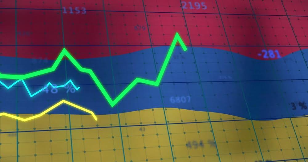 Image of financial data processing over flag of armenia. Global finances, business, computing and digital interface concept digitally generated image.
