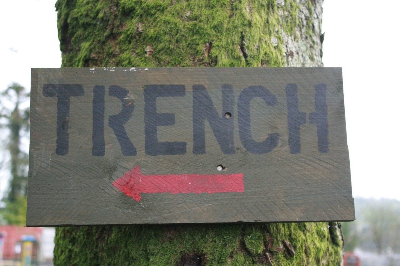 Picture of a wooden sign with the word "Trench" and arrow to the left