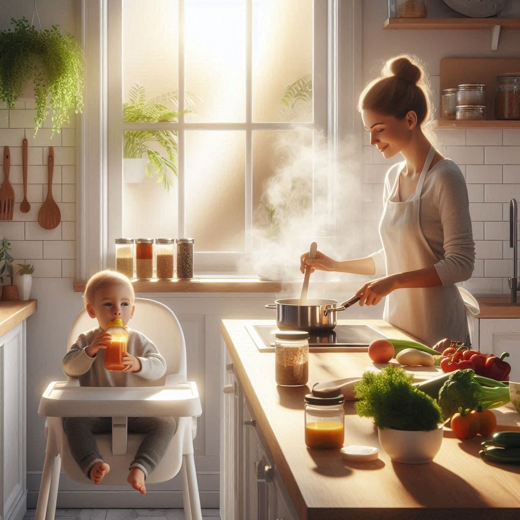 Photorealistic bright family kitchen in morning light, parent cooking with ready to use spices, toddler in a high chair sipping a colorful squeeze pouch, fresh veggies and grains on the counter, small spice caddy, gentle steam, warm sunlight, soft shadows, white tile and light wood, leafy plant, no logos or brand names, minimal pouch label, eye level, shallow depth of field, 35 mm, f 2.8, ISO 200, true to life color, copy space on right 