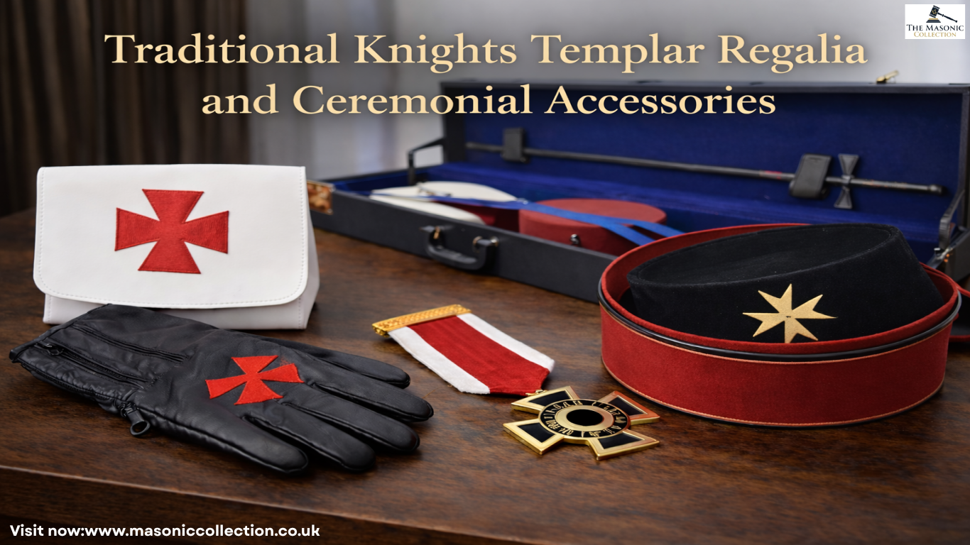 Knights Templar regalia set showing the Knights Templar cross, gloves, cap, jewel, and ceremonial accessories