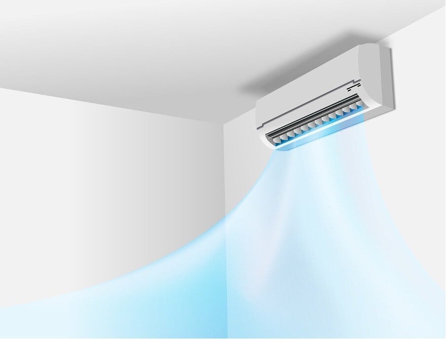 Air conditioner on wall with visualisation of pale blue airflow at bottom split system vs ducted