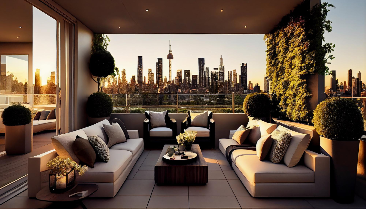 Luxury penthouse terrace with modern outdoor furniture and a stunning city skyline view at sunset.