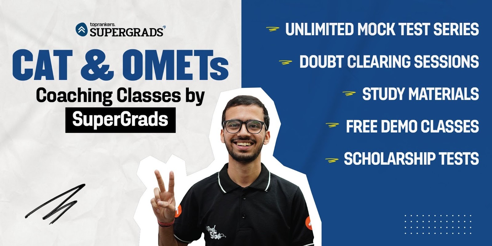 Man smiling and giving a peace sign next to text advertising CAT & OMETs coaching classes and their features.