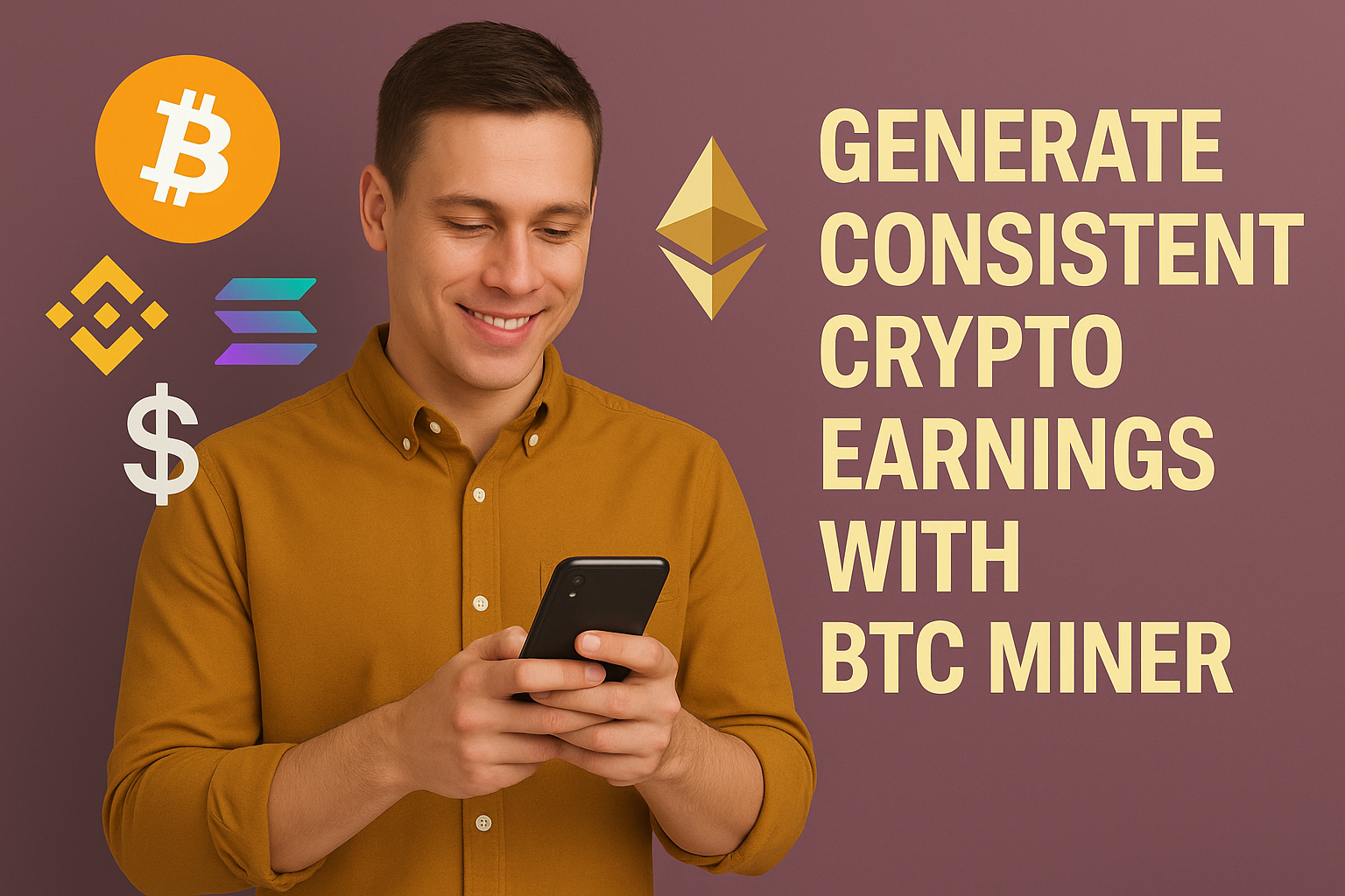 A smiling man is looking at his phone, next to the text "GENERATE CONSISTENT CRYPTO EARNINGS WITH BTC MINER" and several cryptocurrency logos.