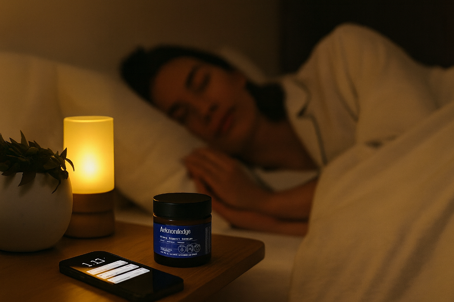 Photo showing a warm lamp on side table with a phone and a jar of Acknowledge Sleep Support Gummies with a woman sleeping out of focus in the background