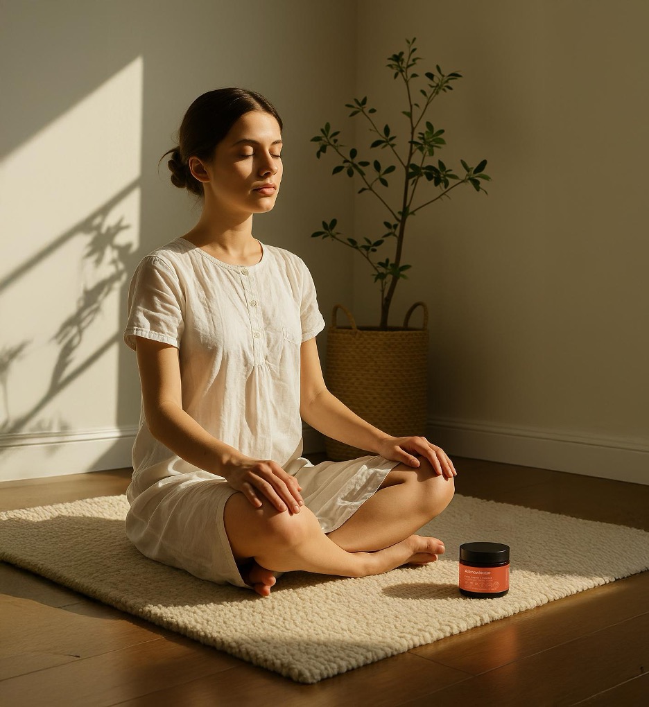 Photo of woman sitting cross legged meditating on a cream mat with a jar of Acknowledge Sleep Gummies in front of her