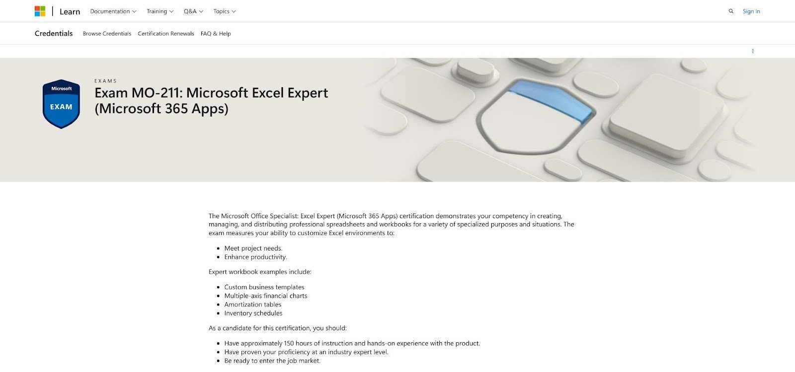 Microsoft MOS Excel Expert MO-211 official exam page screenshot