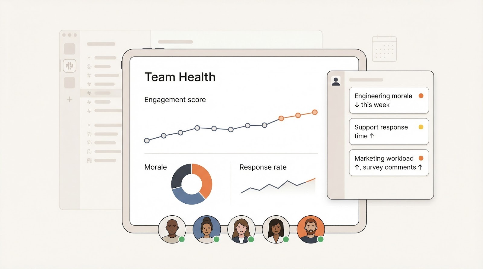 Minimal dashboard illustration showing continuous pulse surveys tracking remote team morale and engagement trends