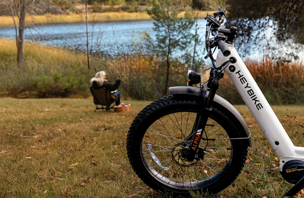 White Heybike e-bike parked on grass near a lake, with a person seated in the distance amid trees and tall grass.