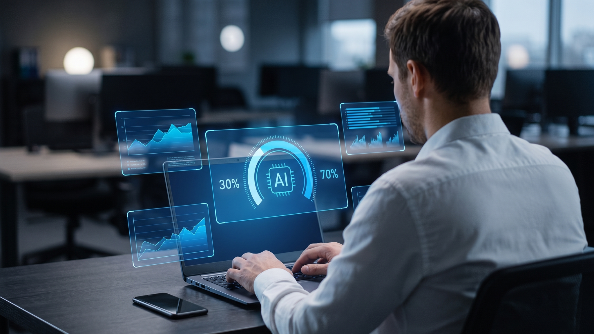 Office worker typing on a laptop with glowing AI diagram in front. (Image resource: Gemini/generated)