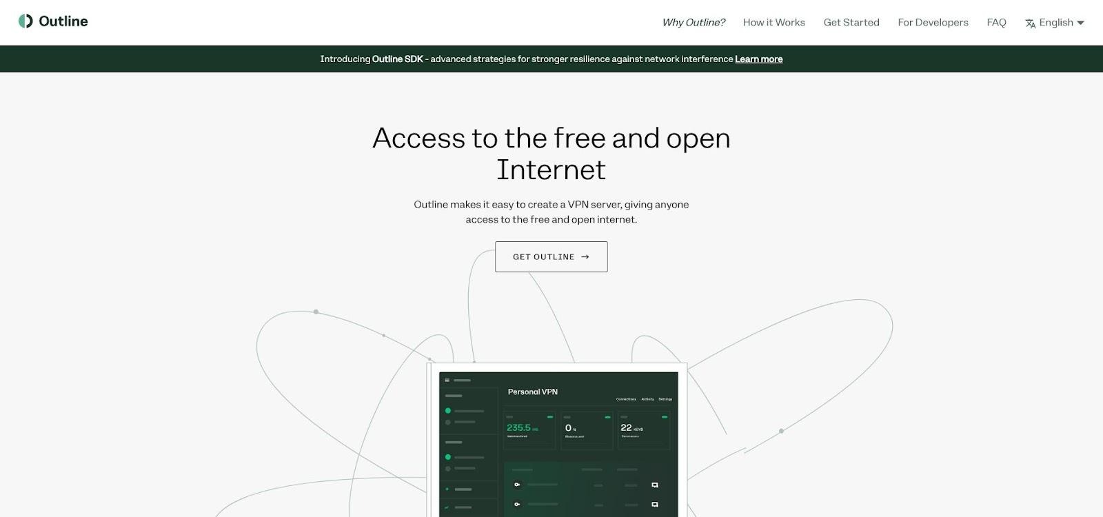 Outline VPN website homepage showing DIY Shadowsocks server setup
