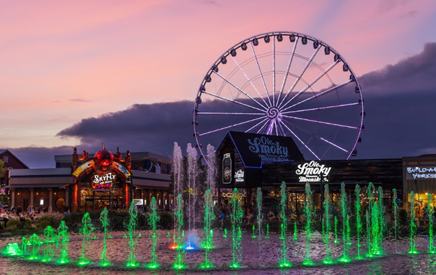 PIGEON FORGE, TN, USA - AUGUST 1, 2022: The Island in Pigeon Forge features stores, wineries, distilleries, and rides for all ages.
