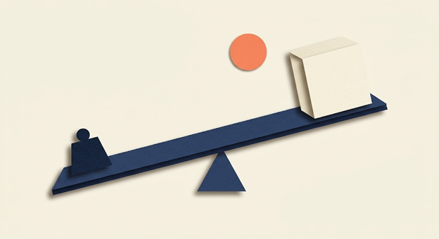 Paper-cut collage of a long plank on a small pivot, a small weight lifting a much larger block