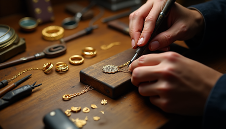 Photo close up of jeweller's hands crafting genuine gold jewellery