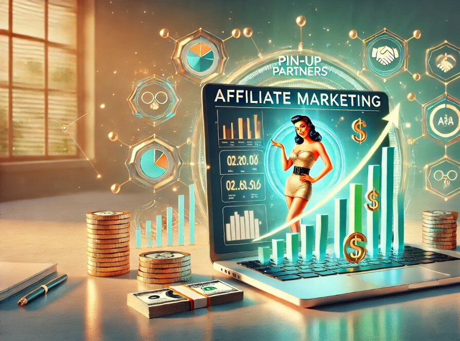 A digitally illustrated image featuring a laptop displaying "Affiliate Marketing" with a retro-style pin-up woman, rising bar graphs, and dollar signs. 