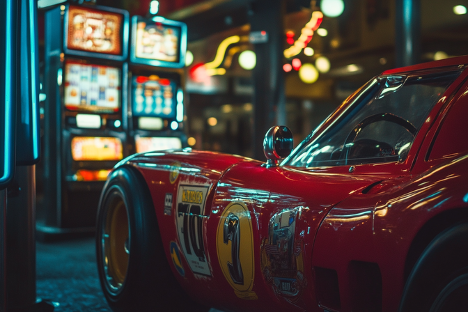 Red Sports Car with Slot Machines in background