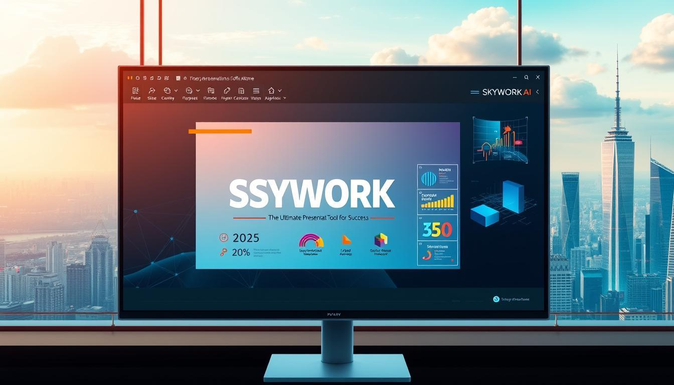  A close-up of a computer monitor displaying a "SSYWORK" presentation with charts and diagrams. 