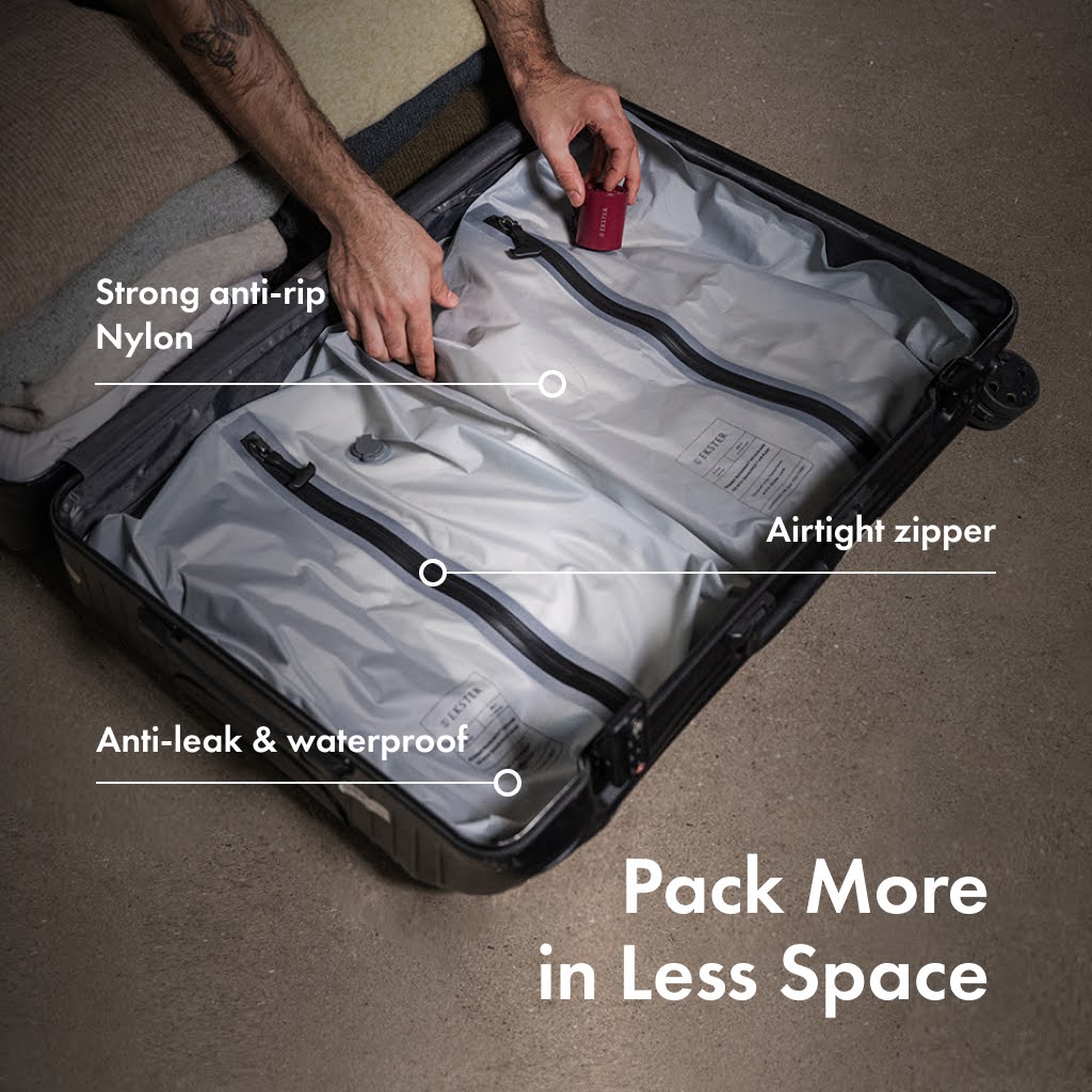 Person packing a suitcase with two large airtight zipper bags labeled as anti-leak and waterproof, promoting space efficiency