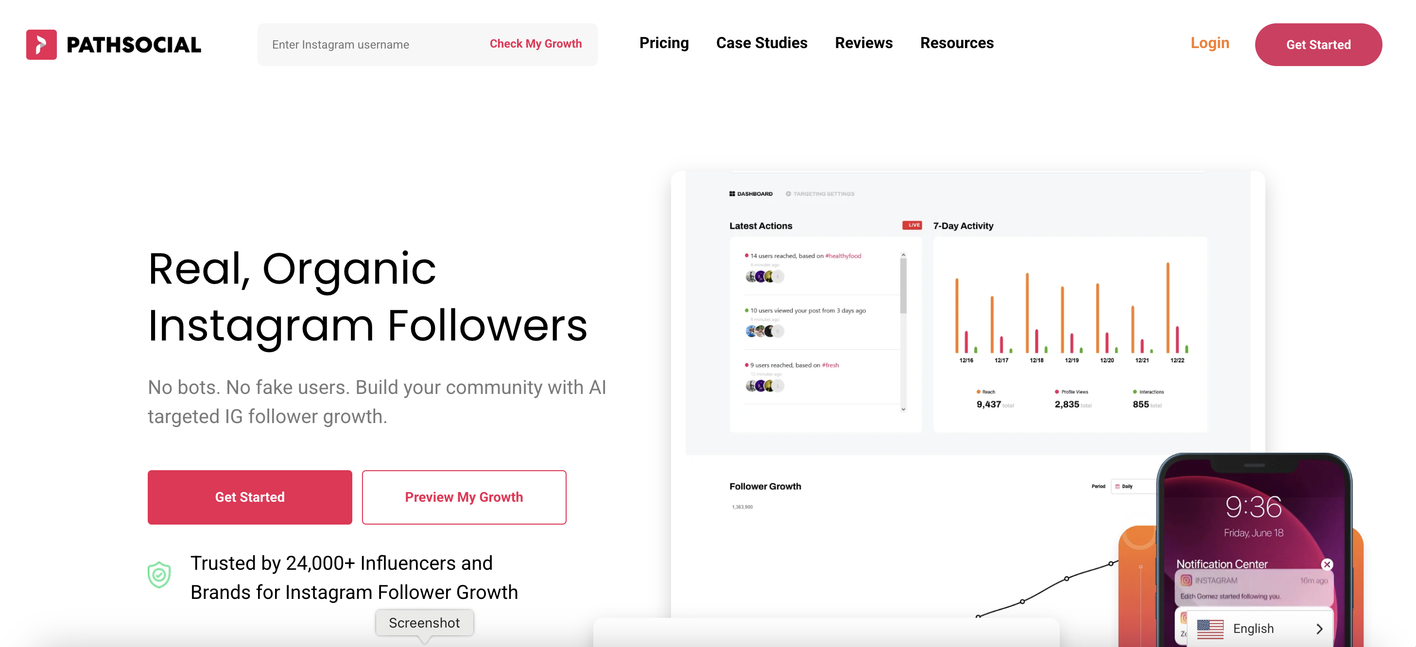 Real Organic Instagram Followers Headline with Growth Graphs - Screen Shot of the Home Page of PathSocial Website