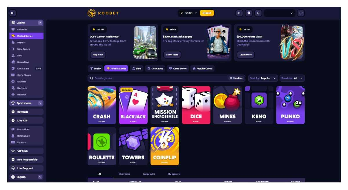 Screenshot of Roobet&rsquo;s original games page