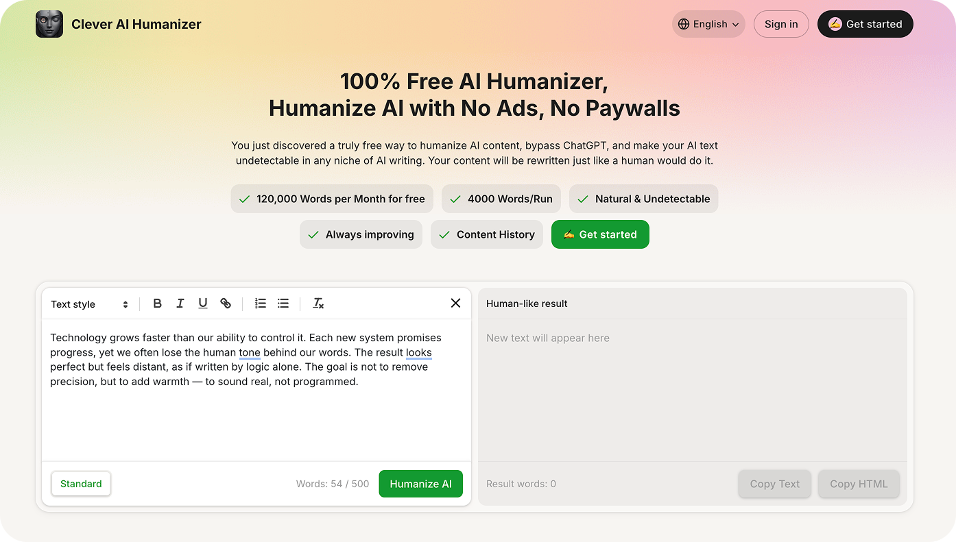 Screenshot of a "Clever AI Humanizer" website interface showing text input for humanizing AI content.