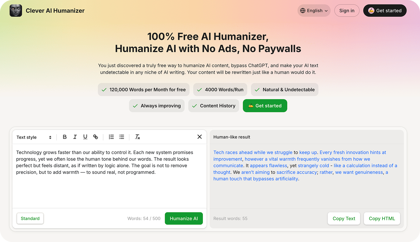 Screenshot of a "Clever AI Humanizer" website interface showing the original AI text and the rewritten, humanized result.