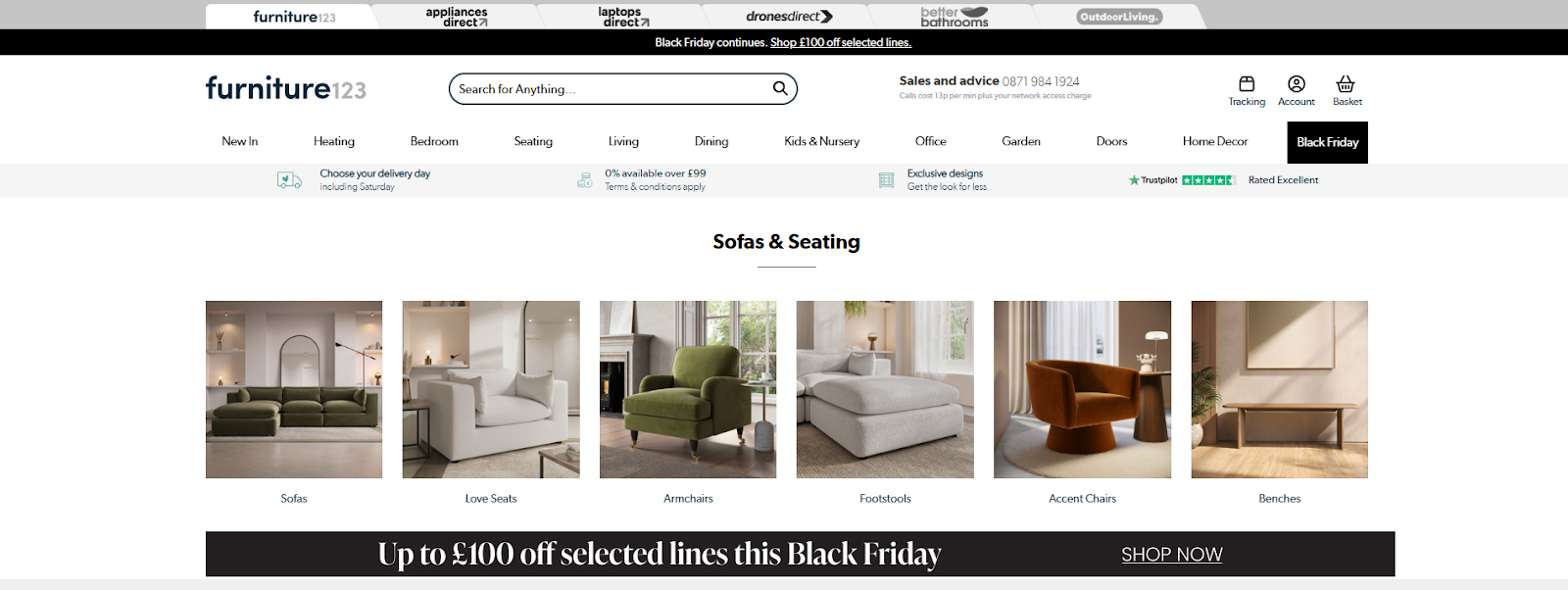 Screenshot of the Furniture123 website homepage showing the "Sofas & Seating" category and a Black Friday sale banner.