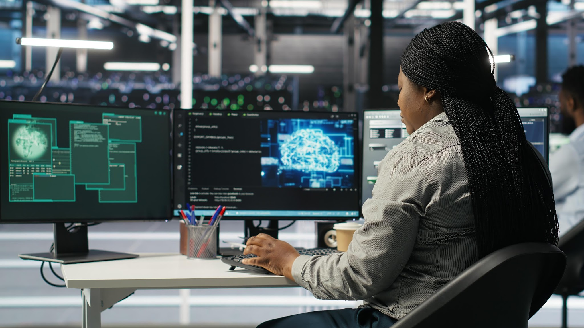 Server farm engineering team collaborating to protect against data theft during cyberattack data