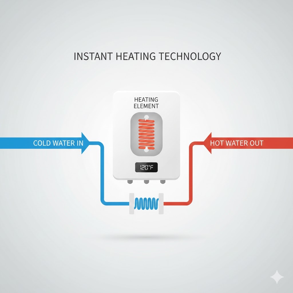 Simple infographic showing Cold Water In Heating Element Hot Water Out