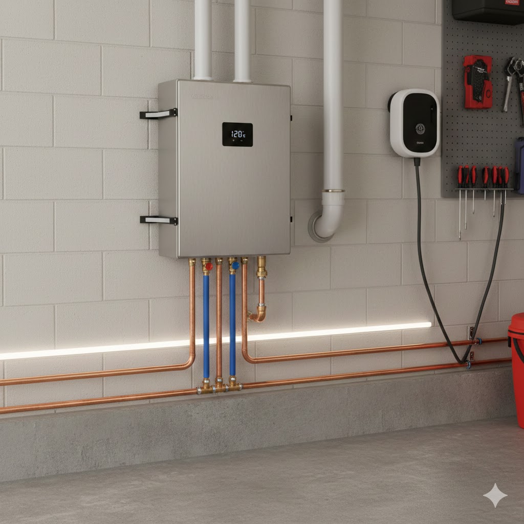 Sleek modern tankless water heater mounted on a garage wall]