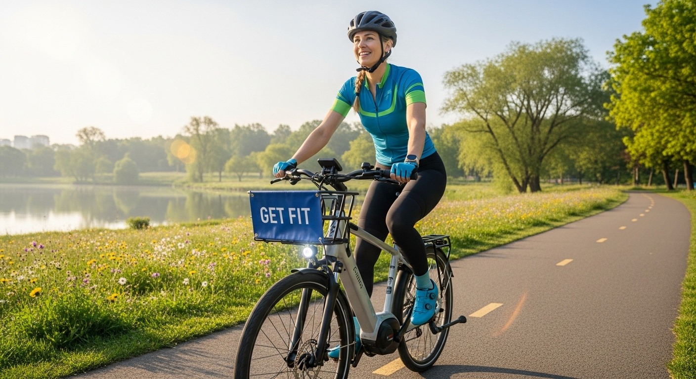 Smiling woman in athletic gear riding a bicycle on a paved path next to a lake, with a sign reading "GET FIT".