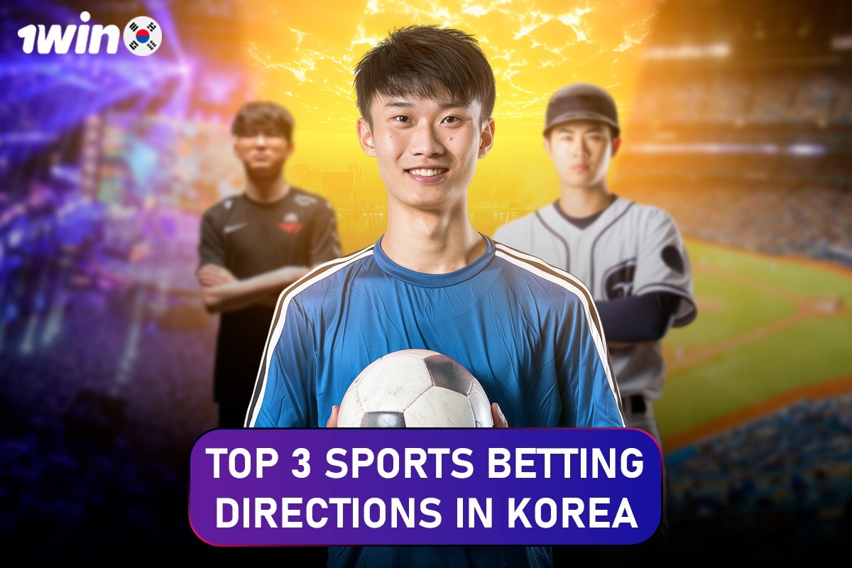 Smiling young man holding a soccer ball, flanked by two other athletes, with text reading "TOP 3 SPORTS BETTING DIRECTIONS IN KOREA".