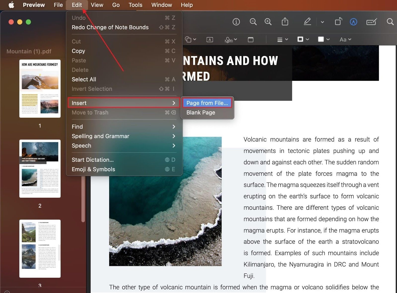 Step 1. Access PDF on Preview, open the “Edit” tab, choose “Insert,” and click the “Page from File” option to insert any picture