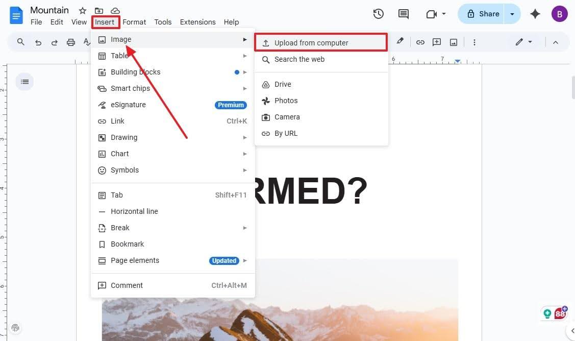 Step 2. Afterward, go to the “Insert” tab, choose “Image,” and select the “Upload from Computer” option to upload the image.